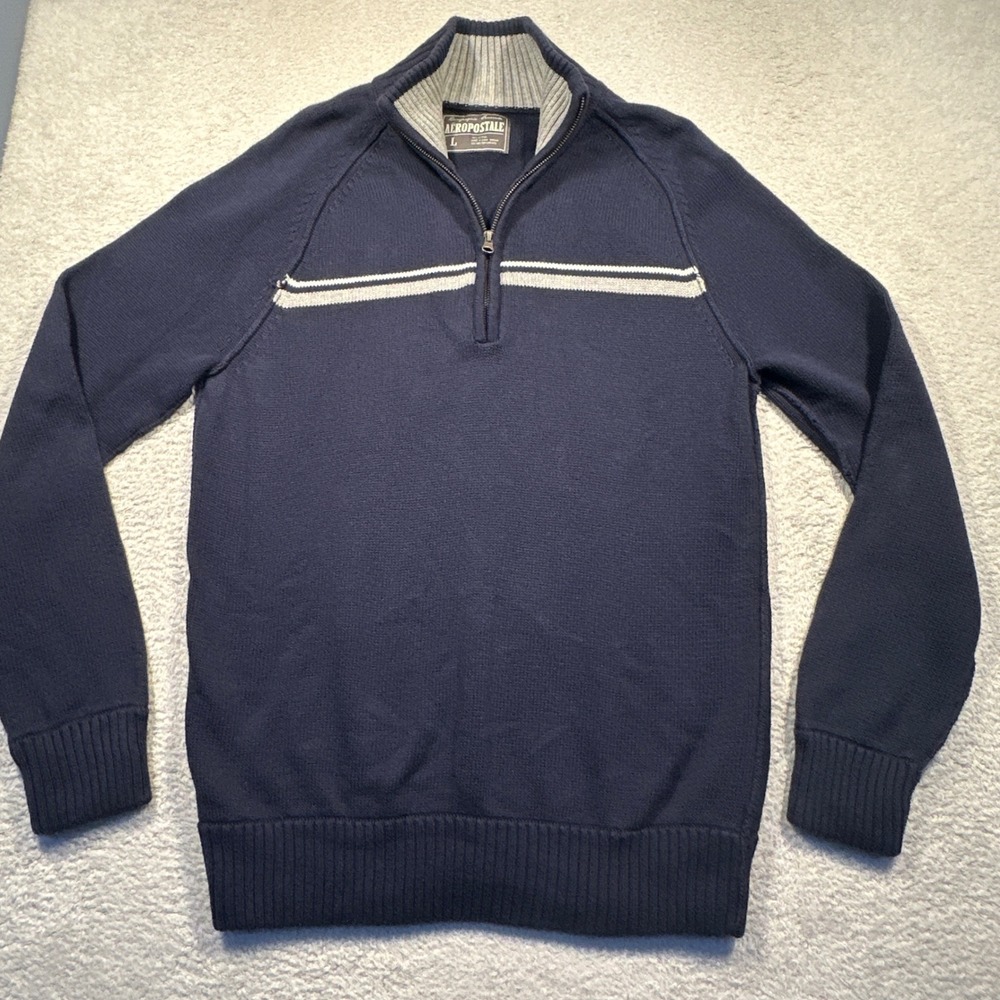 Y2K Aeropostale Men's Navy Blue 1/4 Zip Long Sleeve Cotton Sweater Size L